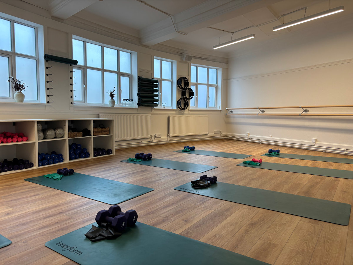 Studio 1 at Innerform - the multi-purpose room used for Mat Pilates, Barre, Small Group Personal Training and Yoga.
